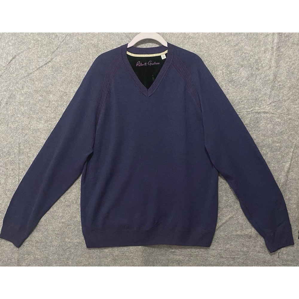 Robert‎ Graham Wool Sweater Men Sz XL Blue Purple V Neck Pullover SIZE NOTE